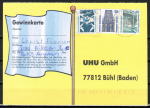 Bund Zusammendruck 50+80 Pf SWK oben geschnitten aus MH + 10 Pf u.g. hinzugeklebt als v�llig �berfrankierte Inlands-Postkarte 9/1997, codiert