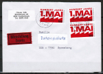 Bund 1459 als portoger. MeF mit 3x 100 Pf "1. Mai" auf Sonderporto-Eilbrief bis 20g von 1990/1991 in die DDR, AnkStpl.