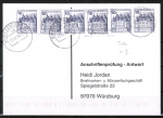 Bund 913 u.g. als portoger. MeF mit 6x 10 Pf B+S - Serie unten geschnitten im Buchdruck aus MH auf Anschriftenprüfungs-Postkarte von 1993-2002, codiert