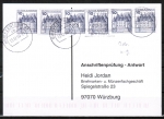 Bund 913 u.g. als portoger. MeF mit 6x 10 Pf B+S - Serie unten geschnitten im Buchdruck aus MH auf Anschriftenprfungs-Postkarte von 1993-2002, codiert