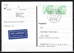 Bund 1038 LS als portoger. MeF mit 2x grüner 50 Pf B+S-Marke aus Rolle im Letterset-Druck auf Luftpost-Postkarte von 1987-1989 n.Paraguay, AnkStpl.