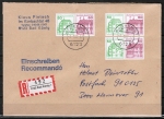 Bund 1038+1028 u.g. als portoger. Zdr.-MeF mit 3x 50 Pf grüne + 60 Pf rote B+S als Zdr. unten geschnitten aus MH auf Einschr.-Brief 20-50g von 1982-1989