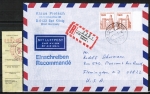 Bund 919 als portoger. MeF mit 2x 190 Pf B+S aus Bogen als waagr. Paar auf Luftpost-Einschr.-Brief 10-15g in die USA/AnkStpl.
