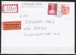Bund 1143 als portoger. MiF mit 300 Pf Burgen und Schlösser - Serie aus Rolle Letterset + 130 Pf I+T auf Inl.-Einschr.-Rsch-Brief bis 20g von 1987-1989