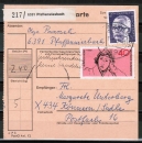 Bund 750 als portoger. MiF mit 40 Pf Heinrich Heine + 2,- DM Heinemann auf Inlands-Paketkarte von 1973