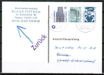 Bund Zusammendruck 50+80+10 Pf SWK unten geschnitten aus MH als portoger. Zdr.-EF auf Einzel-Anschriftenpr�fungs-Postkarte von 1996-1997, codiert