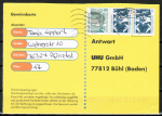Bund Zusammendruck 80+10 Pf SWK unten geschnitten mit rechts anh�ngender 10 Pf-Marke aus MH als portoger. Zdr.-MiF auf Inlands-Postkarte von 1997-2002, codiert