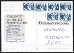 Berlin 798 als portoger. MeF mit 6x 10 Pf SWK aus Rolle auf Postkarte ins Bundesgebiet von 1988-1991