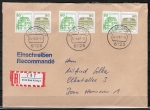 Bund 1038+1140 o.g. als portoger. Zdr.-MeF mit 3x grüner 50 Pf + 80 Pf B+S als Zdr. oben geschnitten aus MH auf Einschr.-Brief 50-100g von 1982-1989