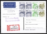Bund B+S-Heftblatt 3,- DM mit 80 Pf B+S - Marke als portoger. H-Blatt-EF auf Luftpost-Einschreib-Postkarte von 1982-1989 nach Paraguay, AnkStpl.