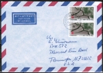 Bund 1404 als portoger. MeF mit 2x 80 Pf Misereor auf Luftpost-Brief 5-10g vom Februar 1989 in die USA/Code