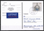 Bund 1787 als portoger. EF mit 200 Pf J. C. Schlaun auf Übersee-Luftpost-Postkarte von 1995 nach Kanada, vs. codiert