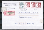 Bund 1304 als portoger. MiF mit 50 Pf Frauen und 3x 100 Pf DDR "DM"-Serie auf VGO-EBf.-Rückschein-Brief bis 20g vom März 1991