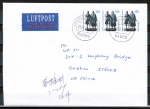 Bund 1934 o.g. als portoger. MeF mit 3x 100 Pf SWK "Goethe/Schiller" oben geschnitten aus MH auf Luftpost-Brief bis 20g von 2001 n. China, AnkStpl.