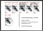 Bund 680 als portoger. MeF mit 6x 10 Pf Winter-Olympiade / Ski-Springer aus Bogen auf Sammel-Anschriftenprüfungs-Postkarte von 1993-2002