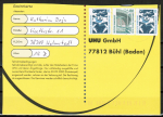 Bund Zusammendruck 80+10 Pf SWK unten geschnitten aus MH mit lose hinzugeklebter 10 Pf Rolle als portoger. Zdr.-MiF auf Inlands-Postkarte von 1997-2002, codiert