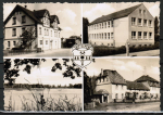 Ansichtskarte Rietschen, Sparkasse, Neue Schule, Fischzuchtteiche, Heimatmuseum, wohl 1968, gelaufen 1969