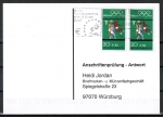 Bund 735 als portoger. MeF mit 2x 30 Pf Basketball aus MH 17 / Block 8 auf Anschriftenprüfungs-Postkarte von 2000/2002, codiert