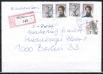 Berlin 793 als portoger. MiF mit 30 Pf SWK Berlin aus Rolle als Zusatz auf Einschreibe-Brief bis 20g ab Ost-Berlin von 1991