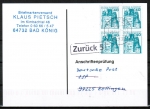 Bund 915 als portoger. MeF mit 4x grüner 40 Pf B+S - Marke aus Rolle auf Einzel-Anschriftenprüfungs-Postkarte von 1997-2002, codiert