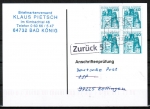 Bund 915 als portoger. MeF mit 4x grner 40 Pf B+S - Marke aus Rolle auf Einzel-Anschriftenprfungs-Postkarte von 1997-2002, codiert