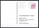 Bund 1028 u.g. als portoger. EF mit roter 60 Pf B+S - Marke unten geschnitten aus MH auf Sammel-Anschriftenprüfungs-Postkarte von 2000, rs. Stempel