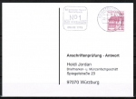 Bund 1028 u.g. als portoger. EF mit roter 60 Pf B+S - Marke unten geschnitten aus MH auf Sammel-Anschriftenprfungs-Postkarte von 2000, rs. Stempel