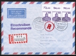 Bund 1141 als portoger. MeF mit 3x 120 Pf B+S als waagr. Oberrand-Reihe auf Luftpost-Einschreibe-Brief bis 5g von 1982-1989 nach Australien, AnkStpl.