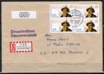 Bund 1607 als portoger. MeF mit 4x 140 Pf Adam Schall auf Auslands-Einschreibe-Brief 20-50g von 1992 nach Tschechien, mit Einlieferungsschein