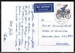 Bund 1814 als portoger. EF mit 200 Pf Tag der Briefmarke 1995 auf Übersee-Luftpost-Postkarte von 1996 nach Kanada, rs. codiert