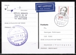 Bund 1390 als portoger. EF mit 100 Pf Th. Giehse auf Luftpost-Postkarte von 1988/1989 nach Paraguay, AnkStpl.