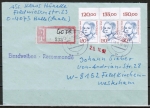 Bund 1497 als portoger. MeF mit 3x 150 Pf Frauen auf Inl.-Einschreibe-Brief bis 20g vom November 1992, R-Zettel-Provisorium !