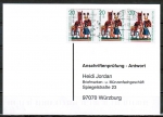 Bund 613 als portoger. MeF mit 3x 20 Pf Jugend 1970 auf Sammel-Anschriftenprüfungs-Postkarte von 1993-2002, codiert