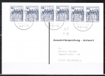 Bund 913 u.g. als portoger. MeF mit 6x 10 Pf Burgen und Schlösser je unten geschn. im Letterset-Druck auf Anschriftenprüfungs-Postkarte von 1993-2002