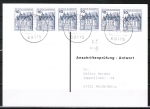 Bund 913 u.g. als portoger. MeF mit 6x 10 Pf Burgen und Schlsser je unten geschn. im Letterset-Druck auf Anschriftenprfungs-Postkarte von 1993-2002