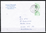 Bund 1038 o.g./u.g. als portoger. EF mit grüner 50 Pf B+S - Marke oben/unten geschnitten MH/Bdr. auf ermäß. Brief bis 20g von 1982-1986 nach GB, blaue Cod.
