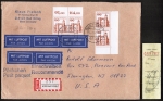 Bund 919 als portoger. MeF mit 4x 190 Pf B+S aus Bogen mit Rndern auf Luftpost-Einschr.-Pckchen von 1987 in die USA/Ank. auf Claim-Check