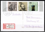 Bund 1215-1217 als Weltpostkongress-Zdr. 60+120+80 Pf aus Block 19 als portoger. EF auf Einschreib-Postkarte vom Ersttag, ohne Text