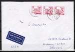 Bund 916 als portoger. MeF mit 3x roter 50 Pf B+S - Marke aus Rolle auf Luftpost-Brief 15-20g von 1978 in die USA, rs. CodeStpl., Mängel