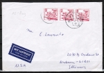 Bund 916 als portoger. MeF mit 3x roter 50 Pf B+S - Marke aus Rolle auf Luftpost-Brief 15-20g von 1978 in die USA, rs. CodeStpl., Mngel