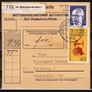 Bund 733 als portoger. MiF mit 40 Pf Weltspiele vs. als Zusatz auf Inlands-Paketkarte von 1972