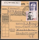 Bund 738 als portoger. MiF mit 40 Pf Kurt Schumacher mit 2,- DM Heinemann vs. auf Inlands-Paketkarte von 1972-1974