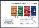 Bund 734-737 als Oly-Block 8 - 5 Pf überfrankiert auf Einzel-Anschriftenprüfungs-Postkarte von 1997-2002, codiert