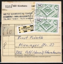 Bund 921 als portoger. MiF mit 4x 140 Pf Strassburg + Zusatz auf Inlands-Paketkarte von 1977-1982