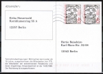 Bund 795 als portoger. MeF mit 2x 40 Pf Thomas von Aquin auf Inlands-Postkarte, wohl aus der Gebhrenperiode 1993-1997