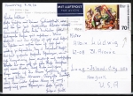 Bund 822 - 70 Pf Max Beckmann als EF auf Luftpost-Postkarte in die USA mit Einriss bis in die Marke