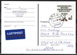 Bund 2832 als portoger. EF mit 100 Cent Fritz Reuter auf Übersee-Luftpost-Postkarte von 2010 in die USA, vs. + rs. codiert