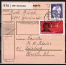 Bund 758 als portoger. MiF mit 40 Pf Kopernikus + 2,- DM Heinemann auf Inlands-Paketkarte von 1973