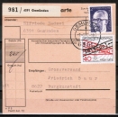 Bund 759 als portoger. MiF mit 40 Pf Interpol + 2,- DM Heinemann auf Inlands-Paketkarte von 1973