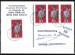 Bund 764 als portoger. MeF mit 4x 40 Pf Phila-Kongress aus Bogen auf Anschriftenprüfungs-Postkarte von 1997-2002, codiert